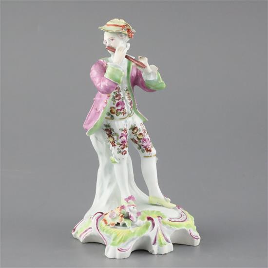 A Derby pale family figure of a flute player, c.1756-8, H. 16.5cm